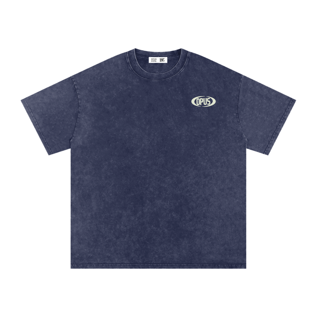 Navy blue t-shirt with a small logo on a white background