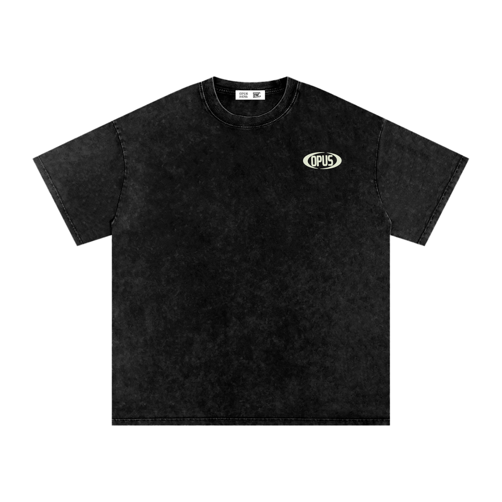 Black t-shirt with a logo on the chest against a white background