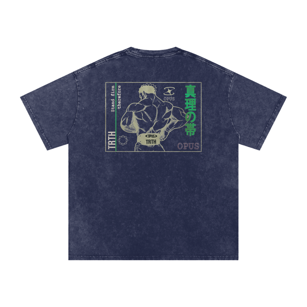 Navy blue t-shirt with graphic design featuring a muscular figure on the back against a white background