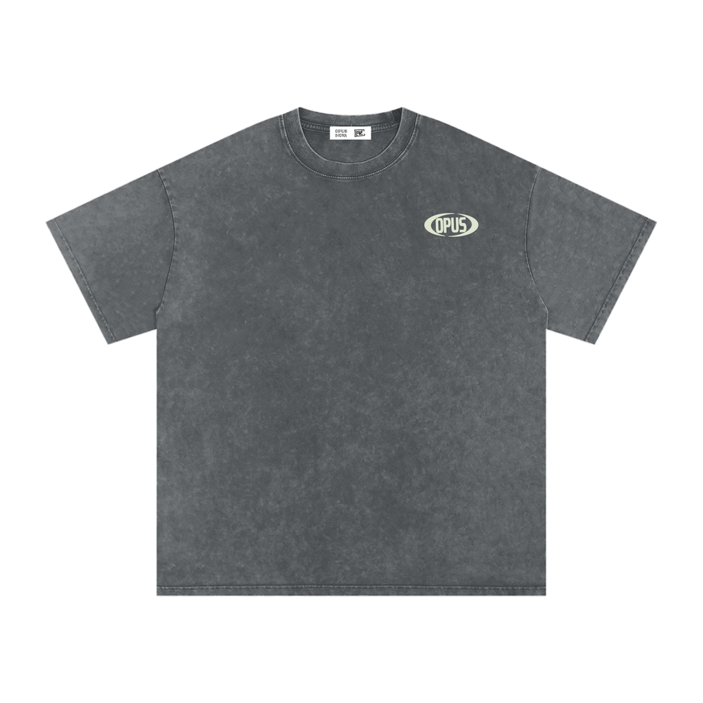 Gray t-shirt with 'OPUS' text on it, with a white background