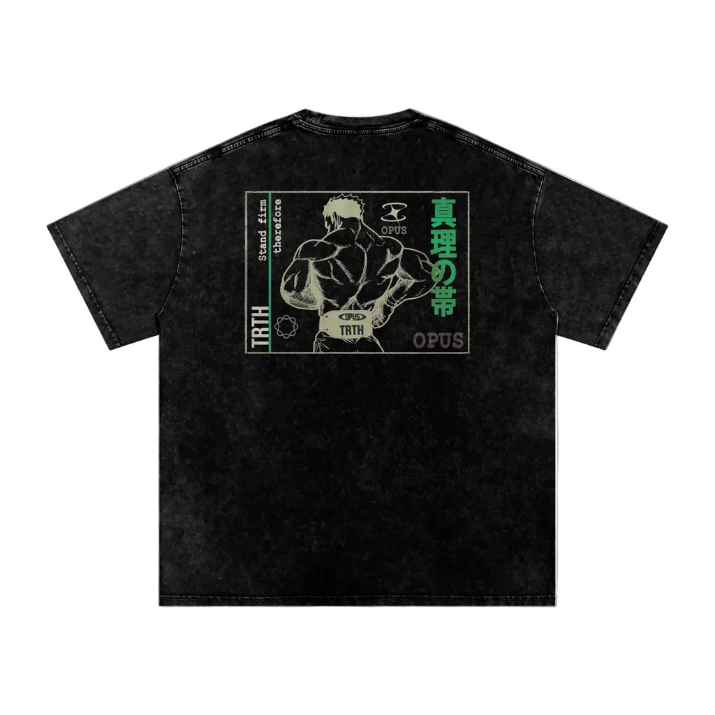 Black t-shirt with graphic design on the back featuring a muscular figure and text.
