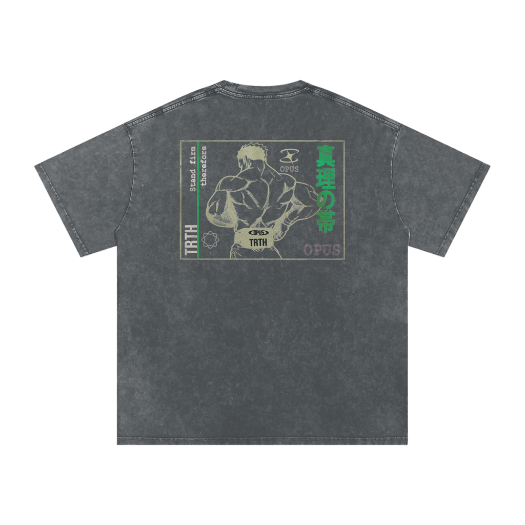 Black t-shirt with graphic design featuring a muscular figure on the back against a white background